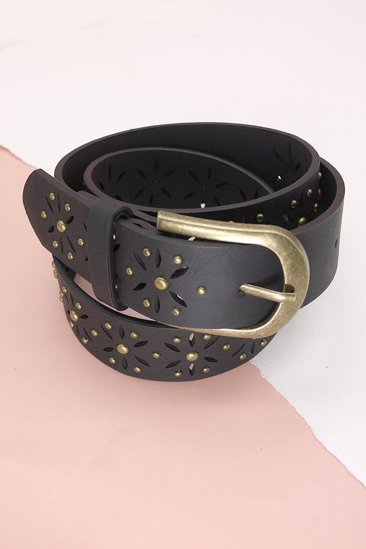 Black leather belt with gold studs and buckle on a white background