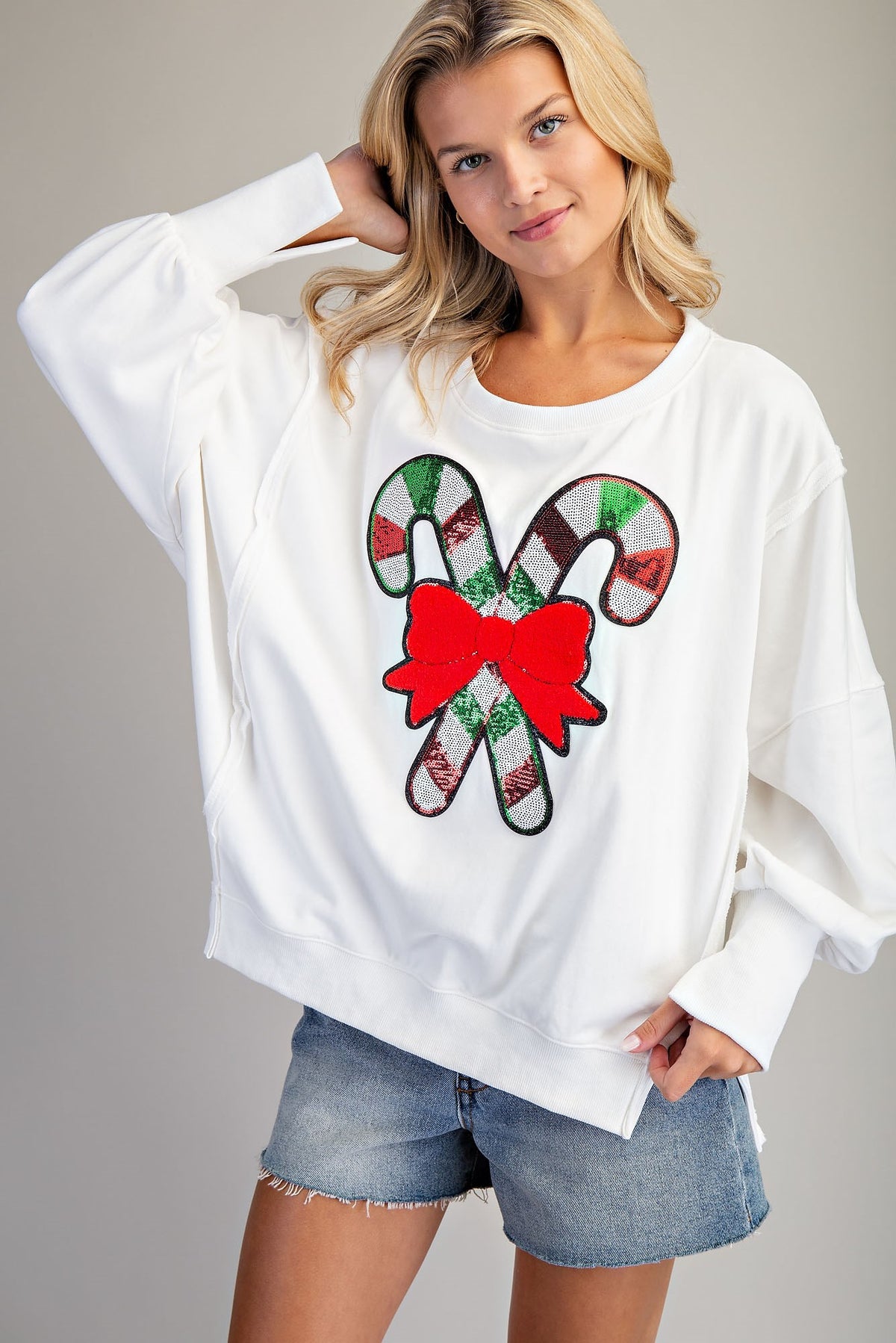Off White sequin candy cane sweatshirt, front detail