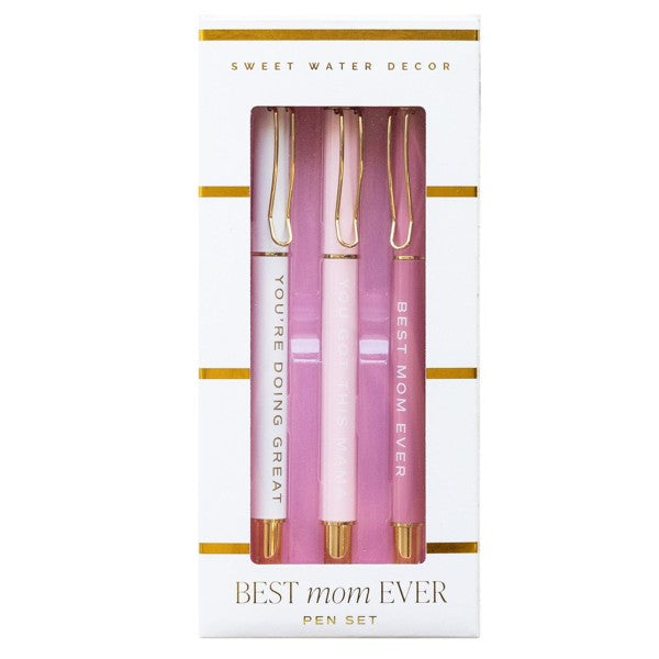 Pen set with 'Best Mom Ever' and 'You're Doing Great' text in pink packaging on a white background.