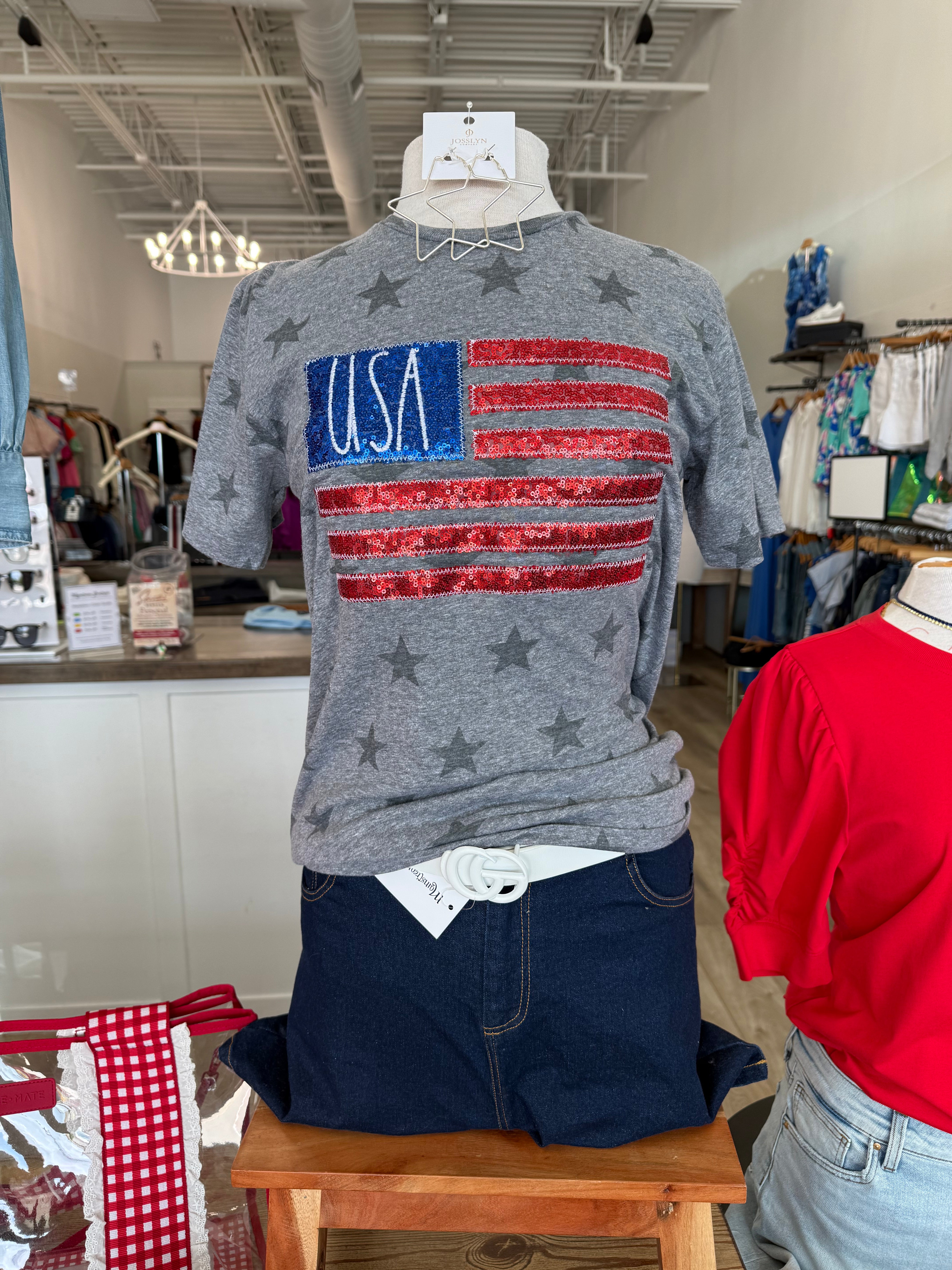 Gray t-shirt with American flag design on a mannequin in a store setting.