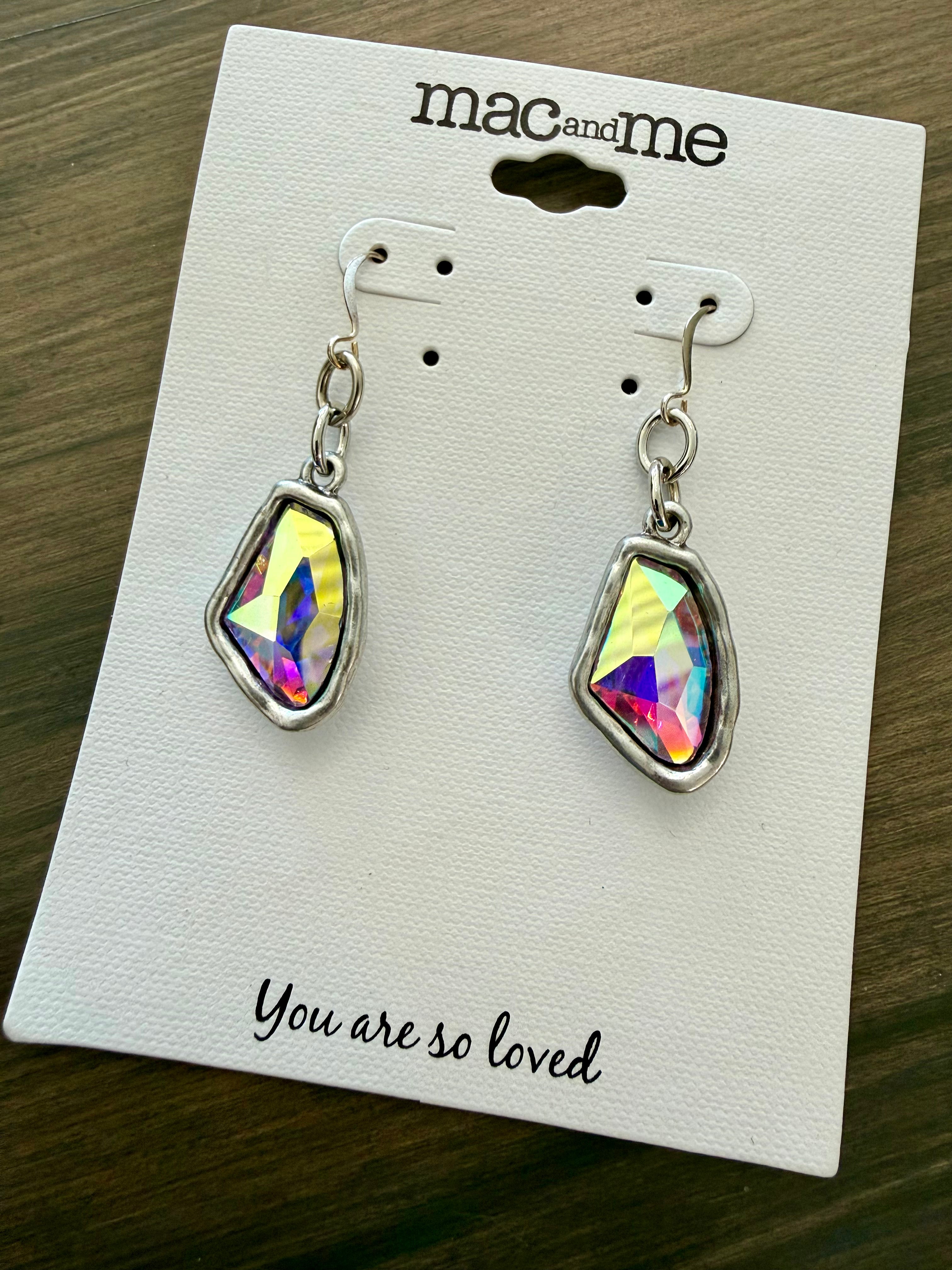Multicolored teardrop earrings on a 'mac and me' branded card with 'You are so loved' text.