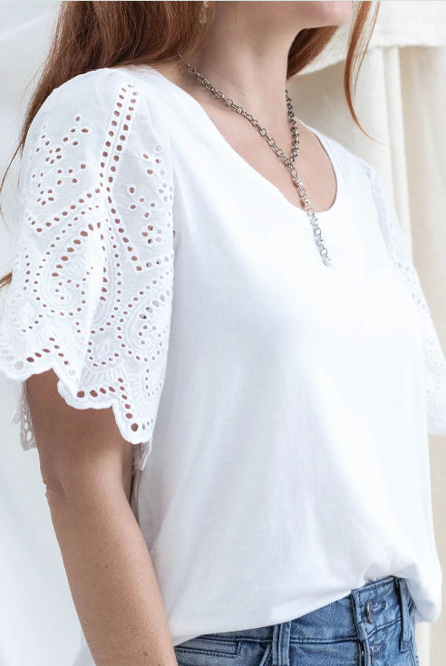 White blouse with lace details on sleeves worn by a person, with a neutral background