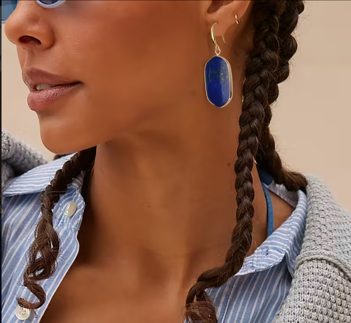 Lapis Lazuli Stone Drop Earrings - styled on model