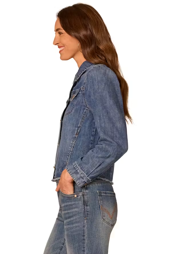 Puff-Sleeve Button-Up Jacket with Frayed Hem by Democracy in Mid Blue - front view