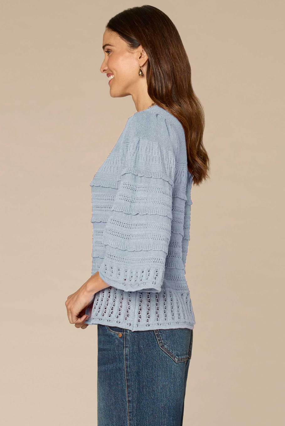 Bell-Sleeve Scallop-Edge Stitch-Mix Sweater by Democracy in Nile Blue - back view