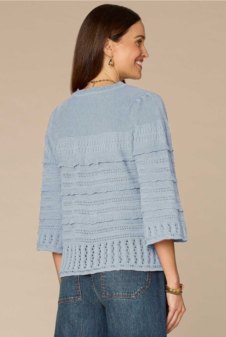 Bell-Sleeve Scallop-Edge Stitch-Mix Sweater by Democracy in Nile Blue - front view