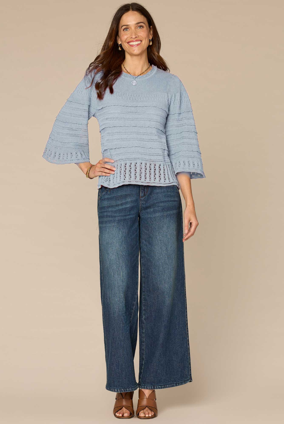 Bell-Sleeve Scallop-Edge Stitch-Mix Sweater by Democracy in Nile Blue - side view