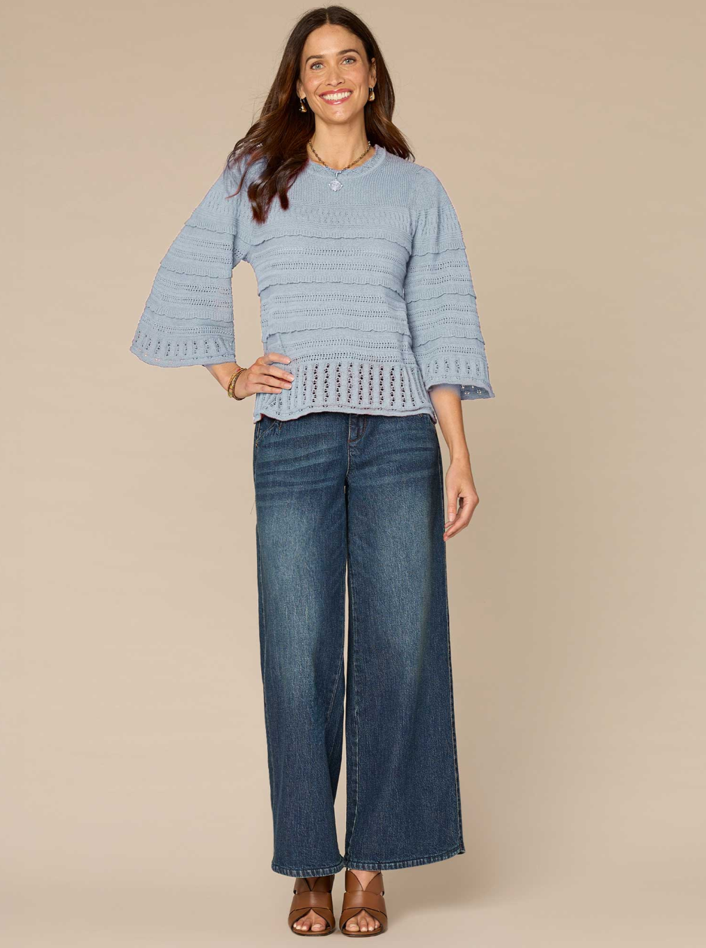 Bell-Sleeve Scallop-Edge Stitch-Mix Sweater by Democracy in Nile Blue - side view