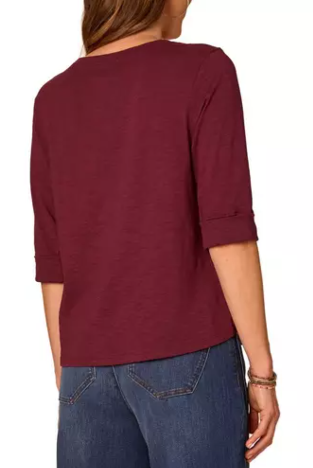 Democracy Crochet Henley Roll-Cuff Knit Top in Plum - back view