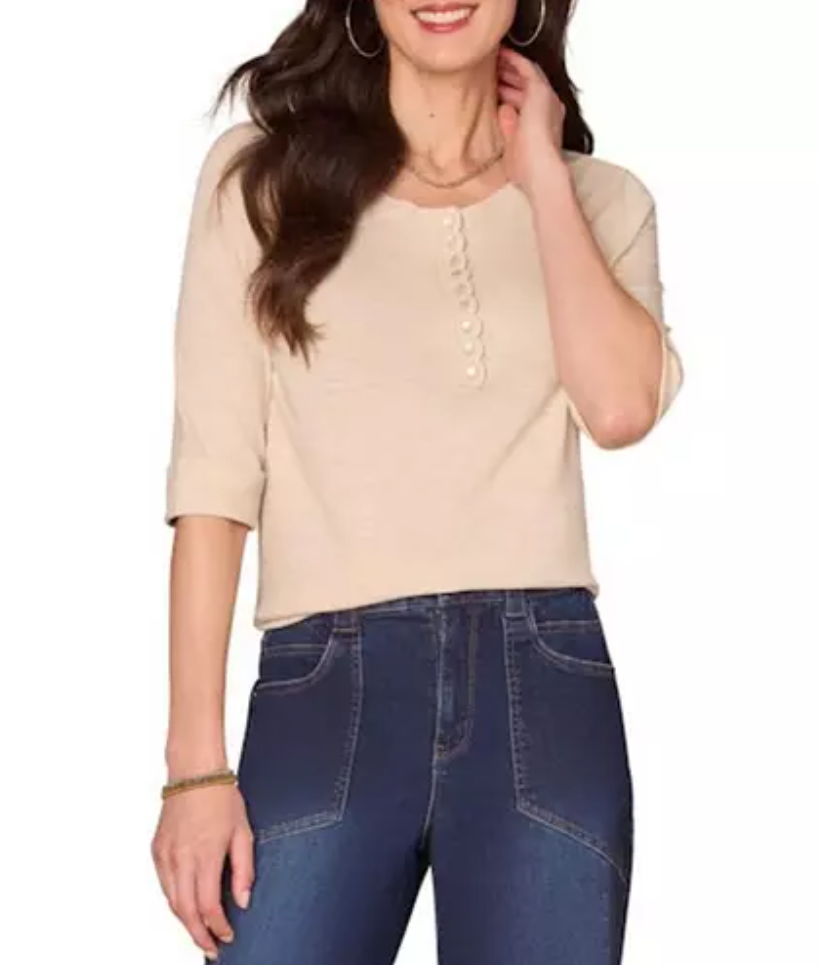 Democracy Crochet Henley Roll-Cuff Knit Top in Heather Oatmeal - side view