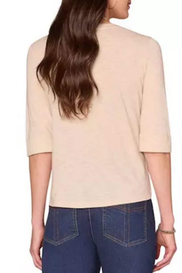 Democracy Crochet Henley Roll-Cuff Knit Top in Plum - front view