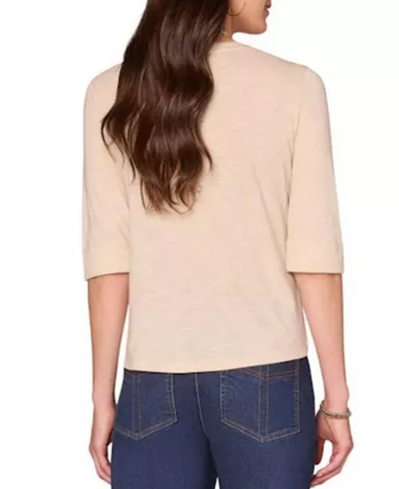 Democracy Crochet Henley Roll-Cuff Knit Top in Plum - front view