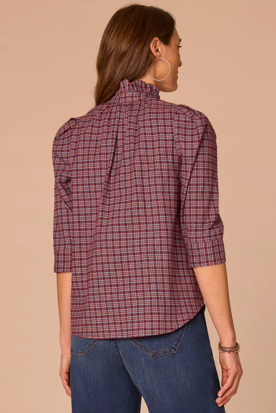 Democracy Embroidered Plaid Ruffle-Collar Woven Top in Plum/Nile Blue Multi - back view