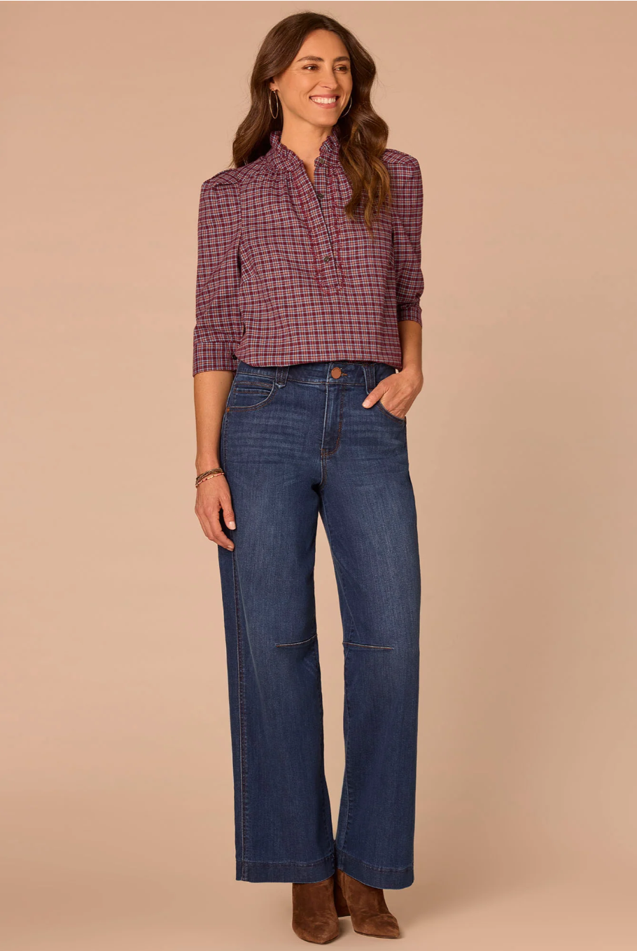 Democracy Embroidered Plaid Ruffle-Collar Woven Top in Plum/Nile Blue Multi - front view