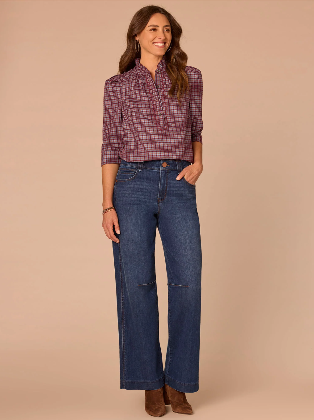Democracy Embroidered Plaid Ruffle-Collar Woven Top in Plum/Nile Blue Multi - front view
