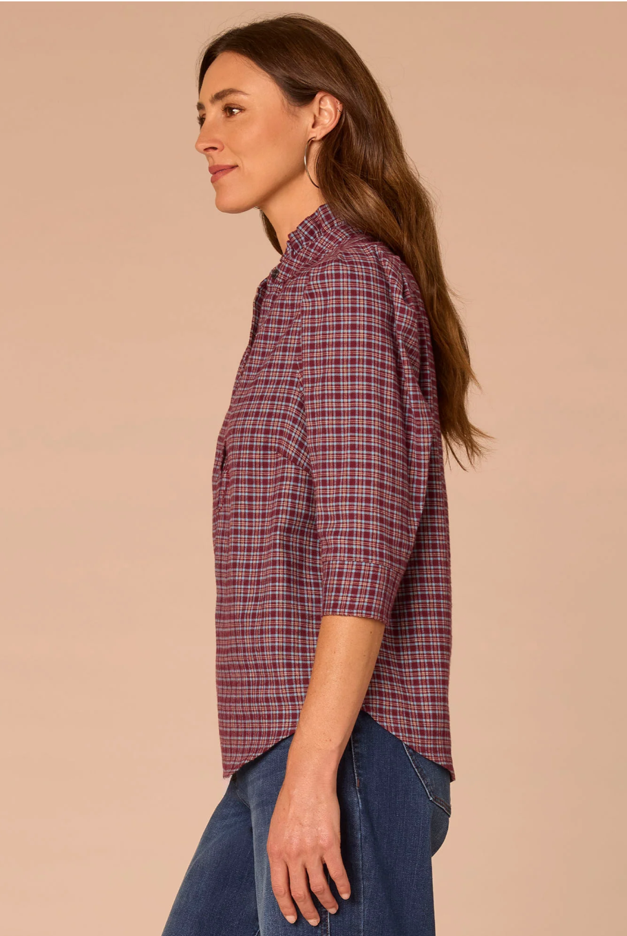 Democracy Embroidered Plaid Ruffle-Collar Woven Top in Plum/Nile Blue Multi - side view