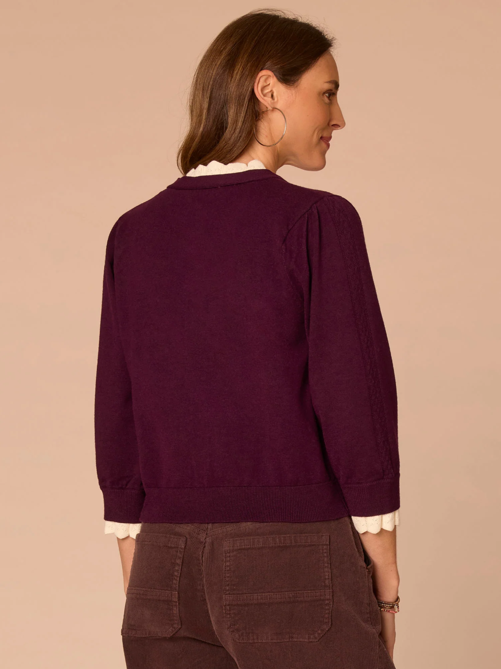 Democracy Double-Layer Scallop-Edge Button-Down Cardigan in Dark Raisin - side view