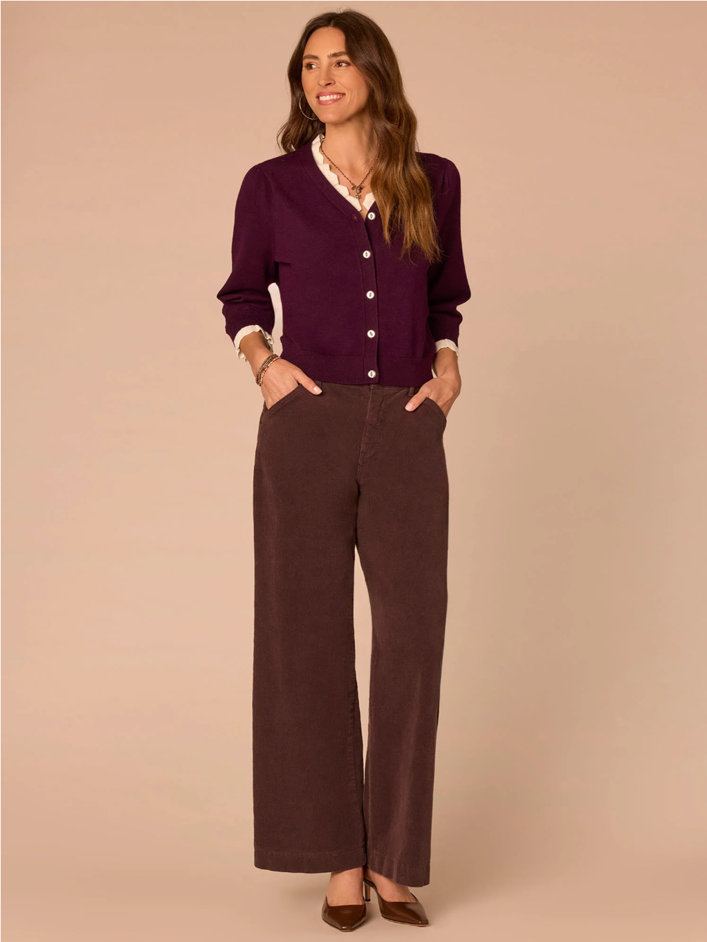 Democracy Double-Layer Scallop-Edge Button-Down Cardigan in Charcoal - side view