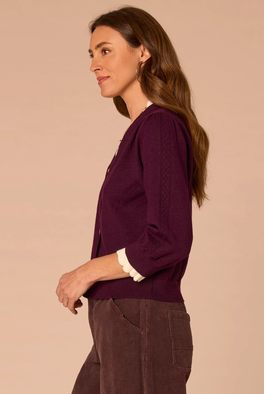 Democracy Double-Layer Scallop-Edge Button-Down Cardigan in Charcoal - back view