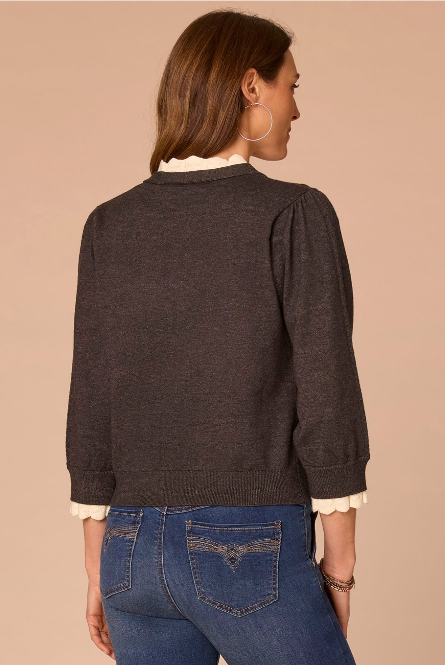 Democracy Double-Layer Scallop-Edge Button-Down Cardigan in Charcoal - front close-up view