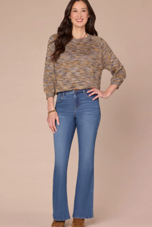Democracy Blouson-Sleeve Space-Dye Sweater in Jewel Lavender Green Multi - front full-length view