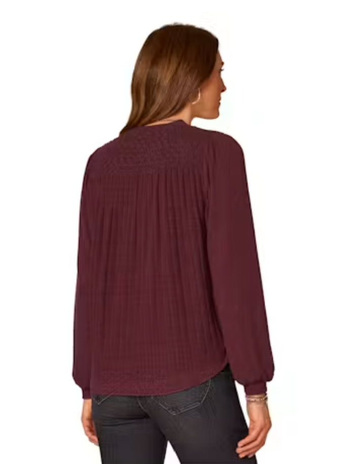 Front view of Democracy blouson top in Heather Fig Jam