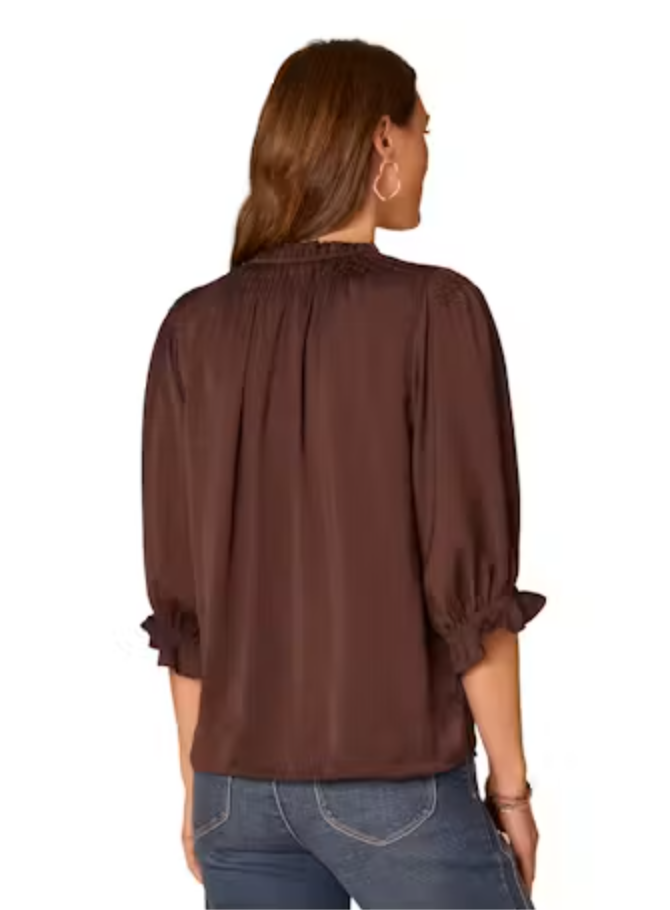 Back view of Honeycomb Embroidered Split Neck Blouse in brown