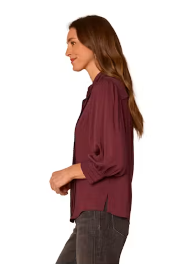 Front view of Scallop Trim Button Down Blouse in Fig Jam and black