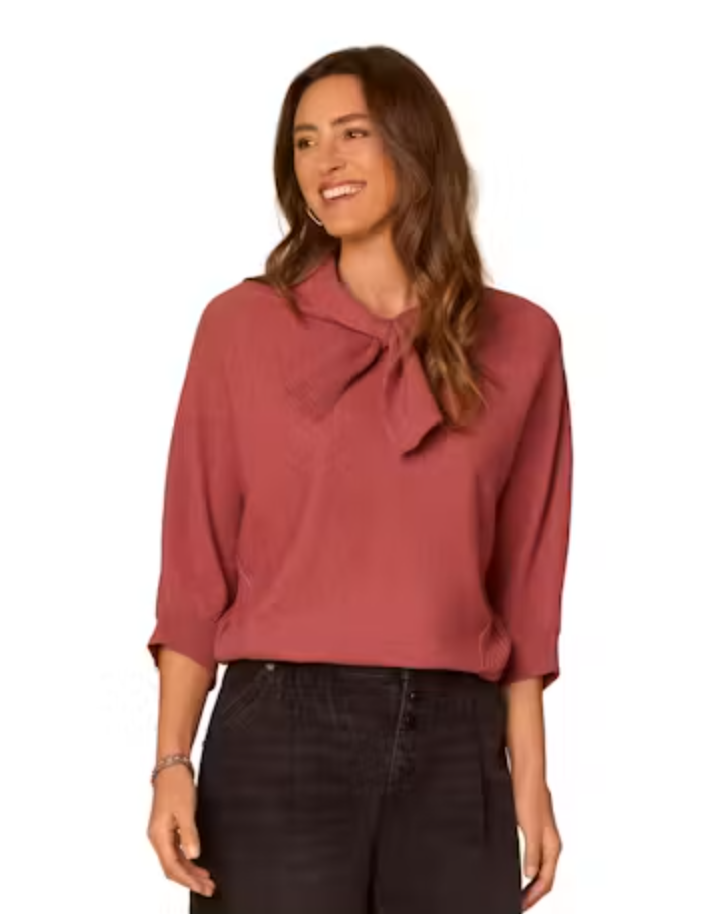 Front view of Tie Neck Dolman Sleeve Sweater in Rose Shadow