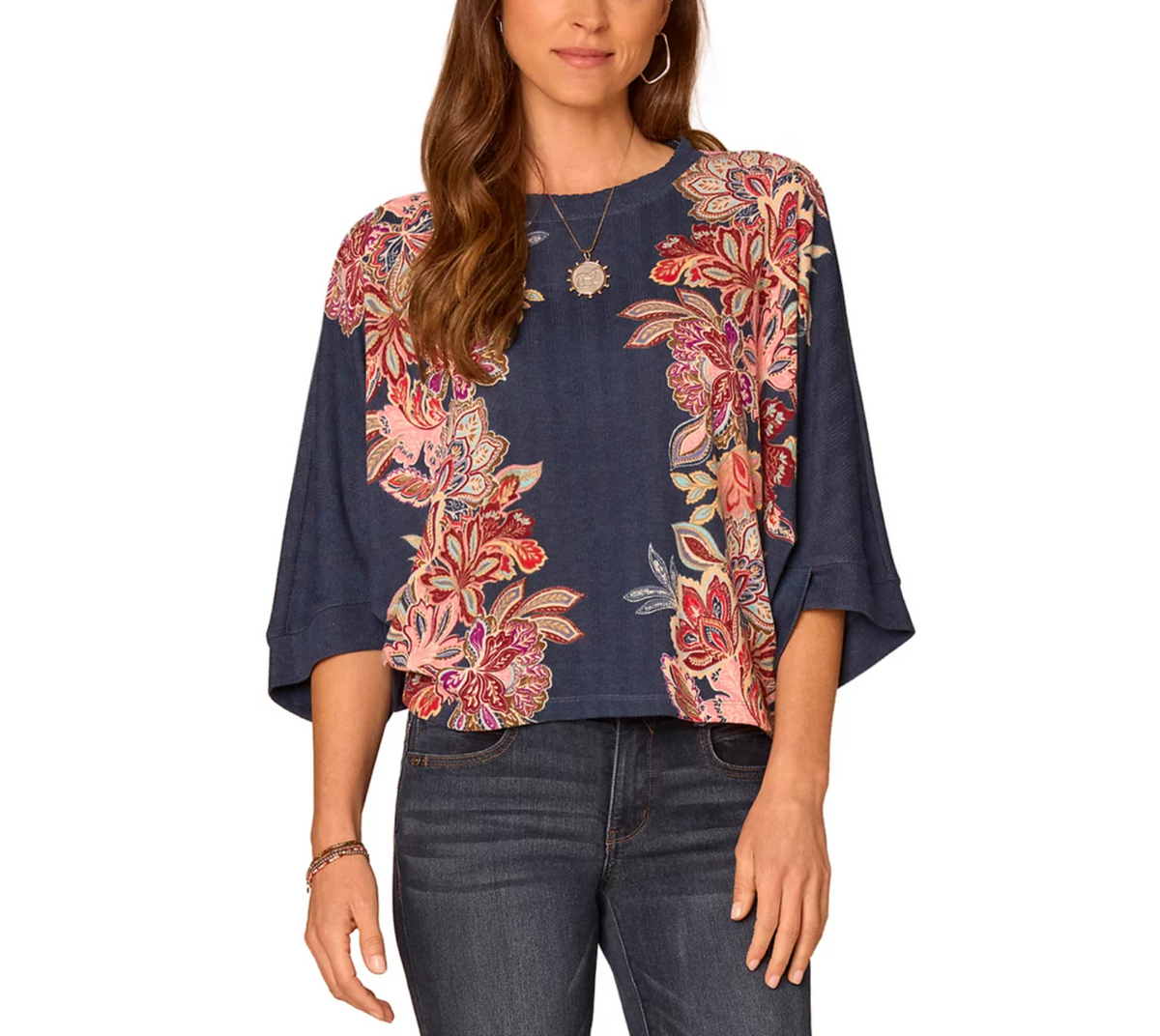 Front view of Scalloped Neck Floral Dolman Sweater in Navy/Rose Shadow Multi