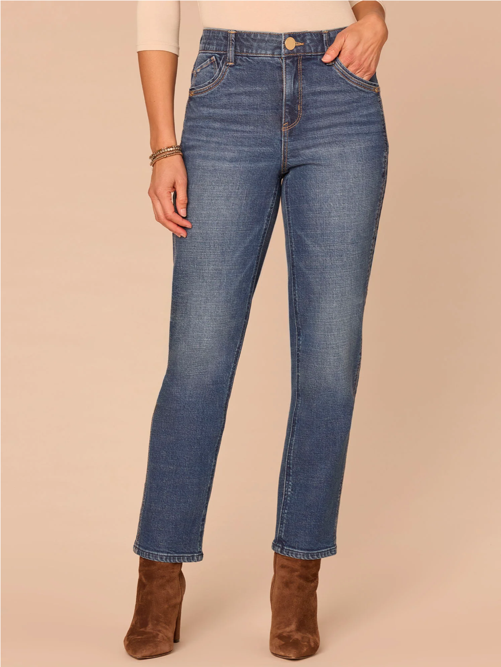 Front view of high-rise blue double side seam straight jeans