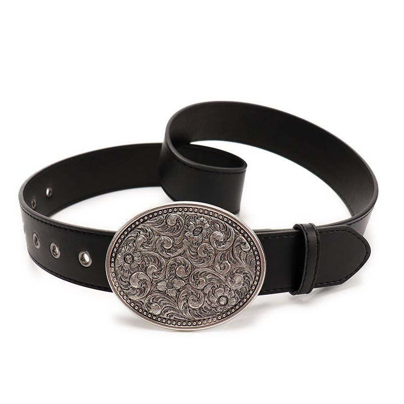 Black belt with an ornate silver buckle on a white background