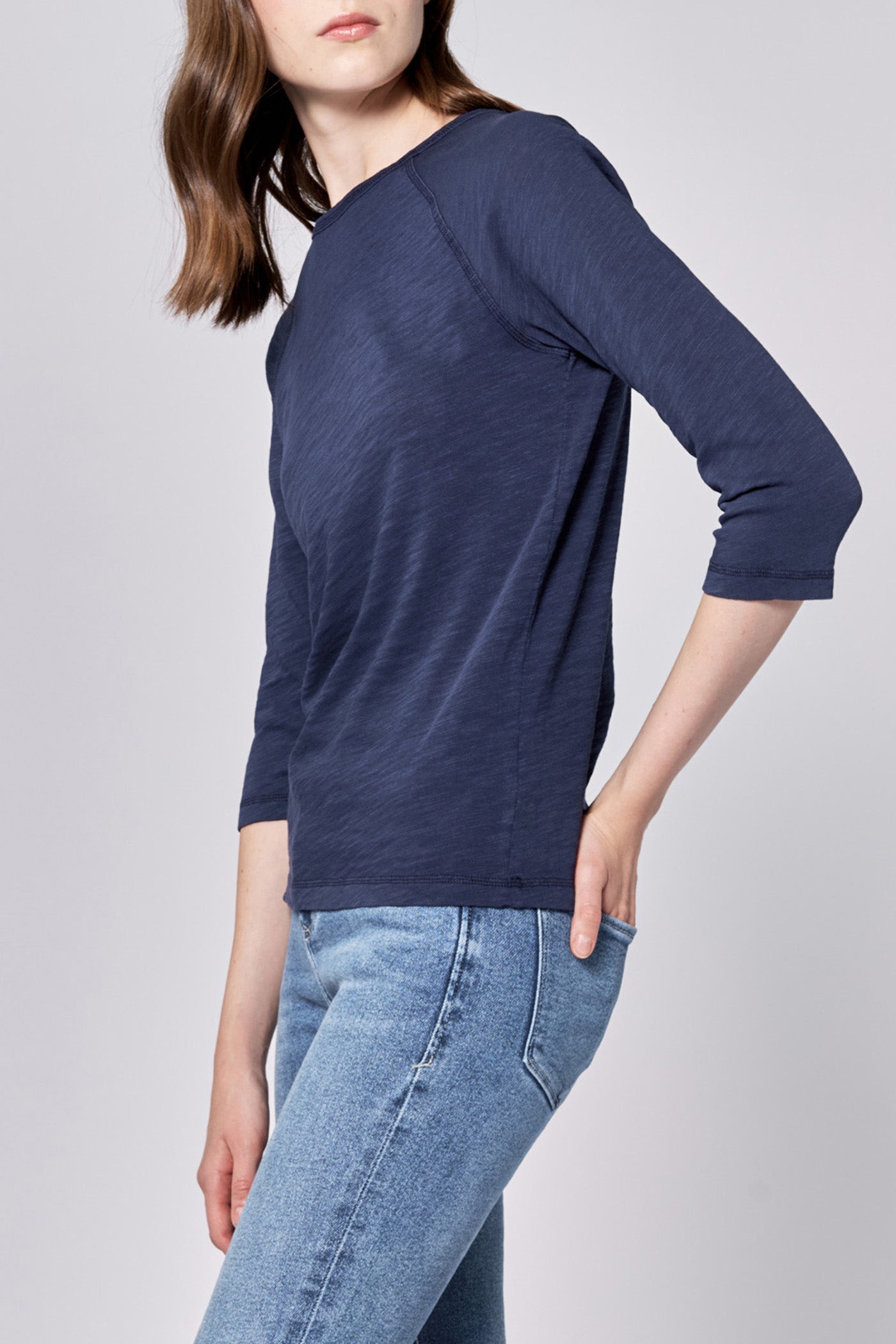 Dear John Boat Neck Slub 3/4 Sleeve Top in Black Iris – Front close-up