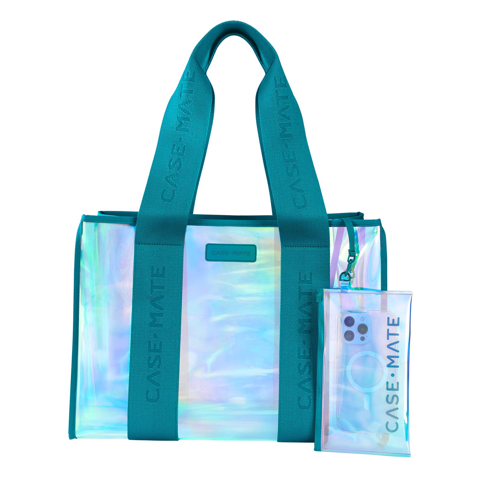 Teal tote bag with iridescent pattern and matching pouch on a white background