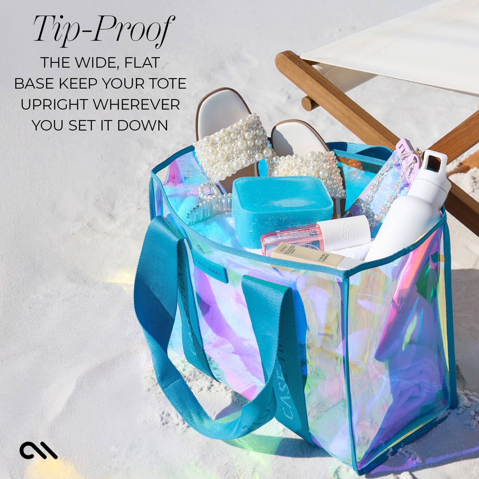 Iridescent tote bag with products on a sandy background