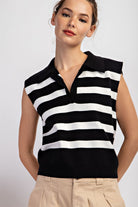Black and white horizontal striped sleeveless knit top, front view