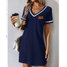 Woman wearing a navy blue dress with 'HOU' on it, holding a coffee cup.
