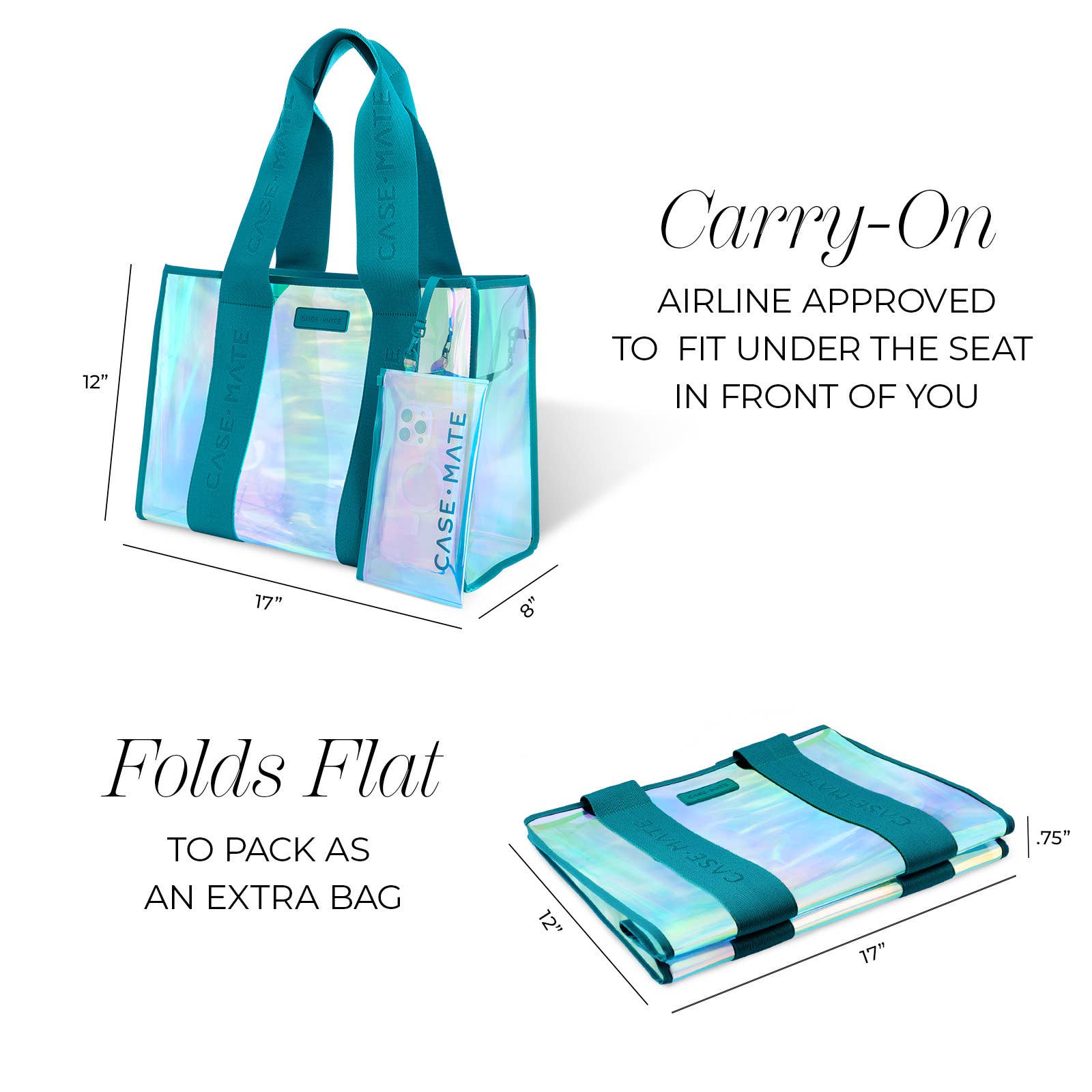 Teal and blue travel bag with dimensions and airline approval text on a white background
