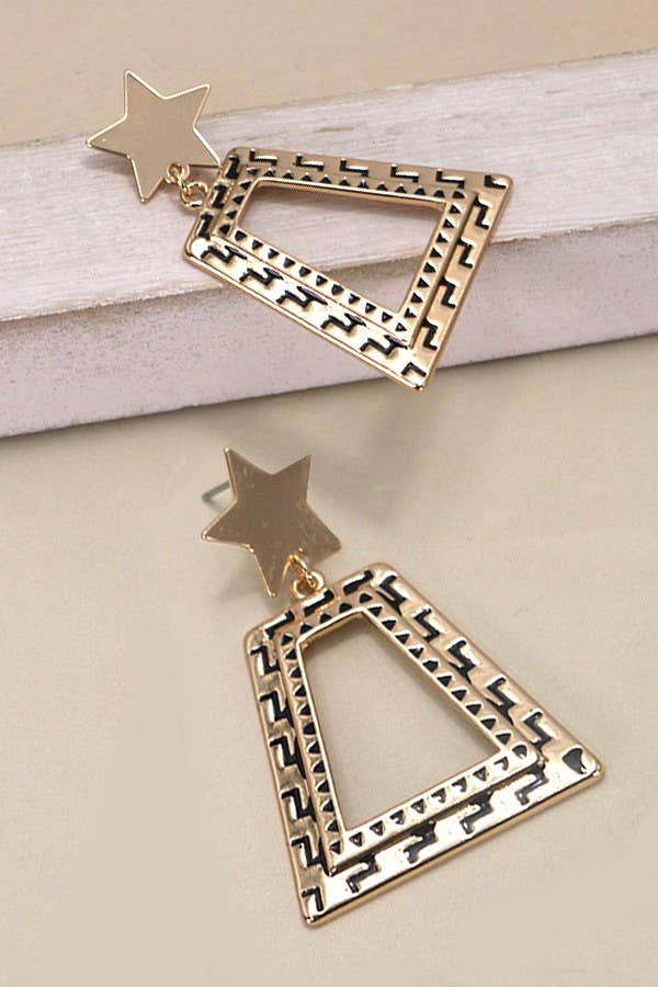 Gold geometric earrings with star accents on a light background