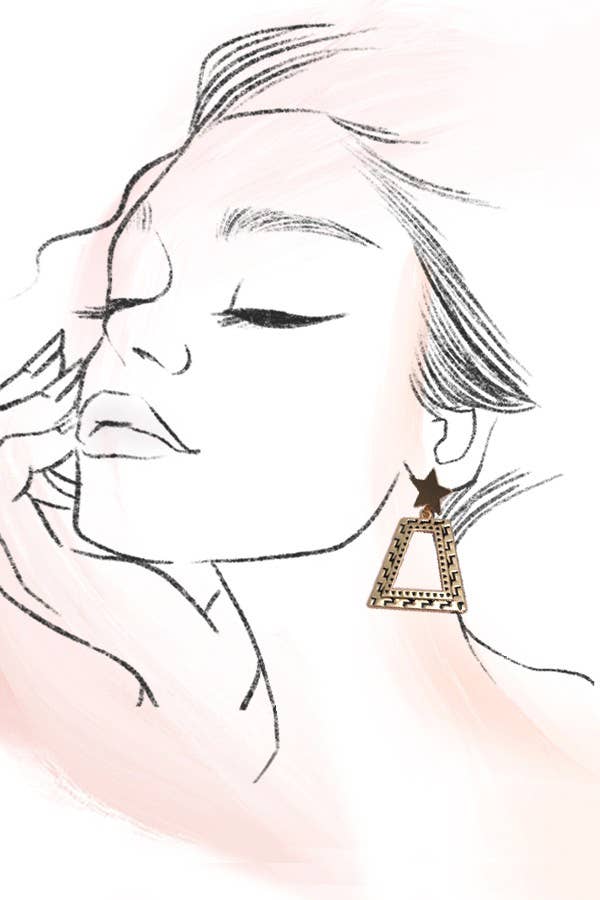 Illustration of a woman wearing a star-shaped earring on a light pink background