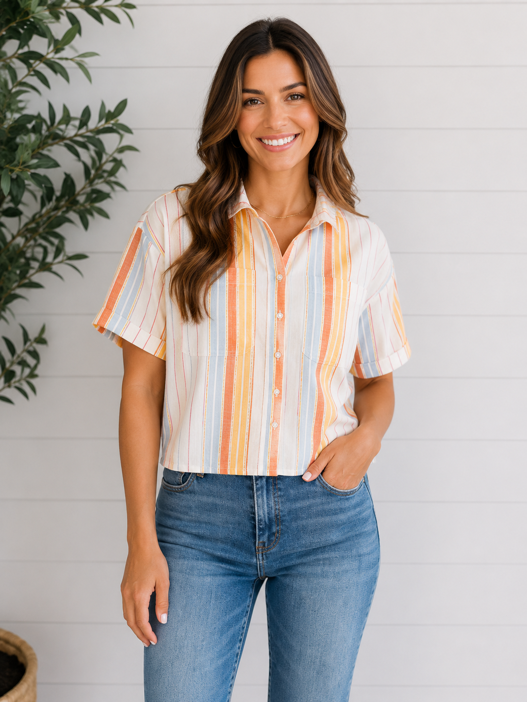 Woman wearing a striped shirt and jeans standing against a white wooden panel background.