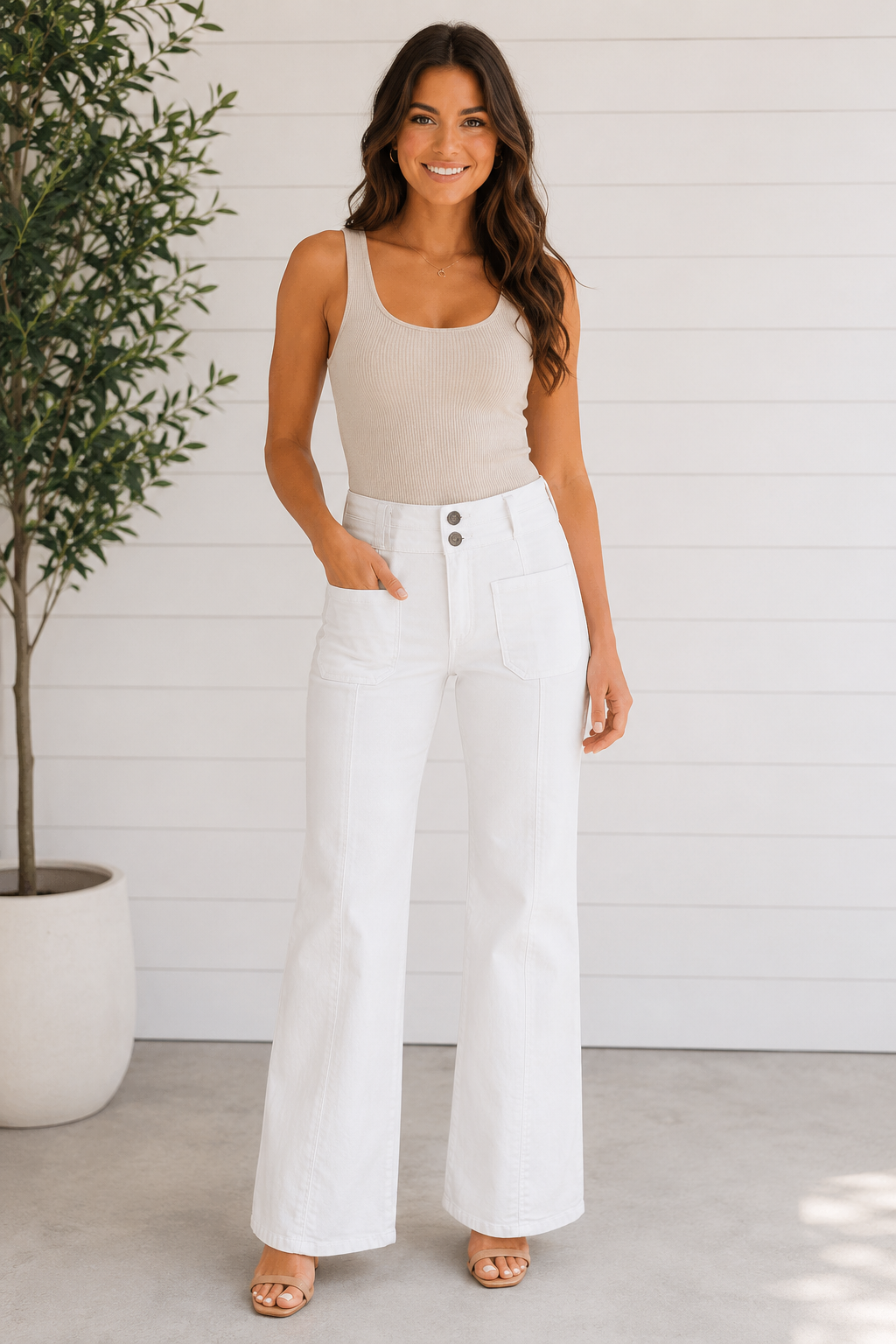 Woman wearing a beige tank top and white wide-leg pants standing against a white wall.