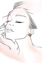 Outline drawing of a person wearing a checkered earring on a light pink background