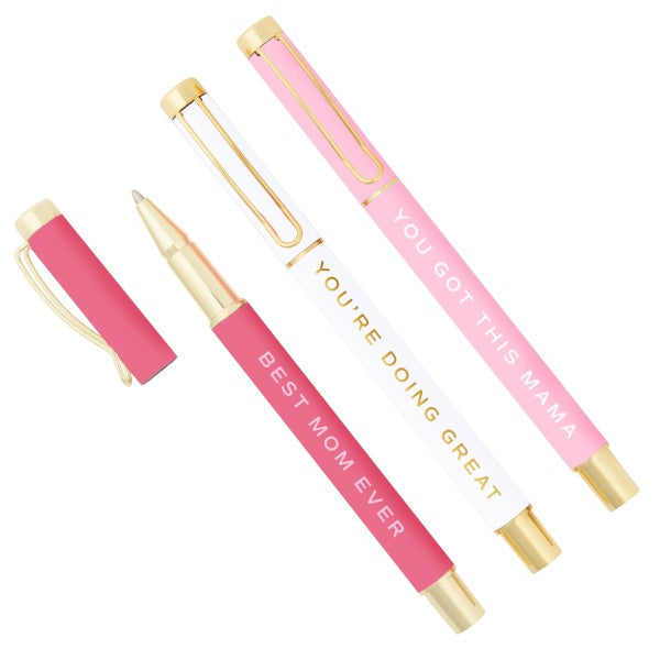 Two pink pens with gold accents and motivational text on a white background