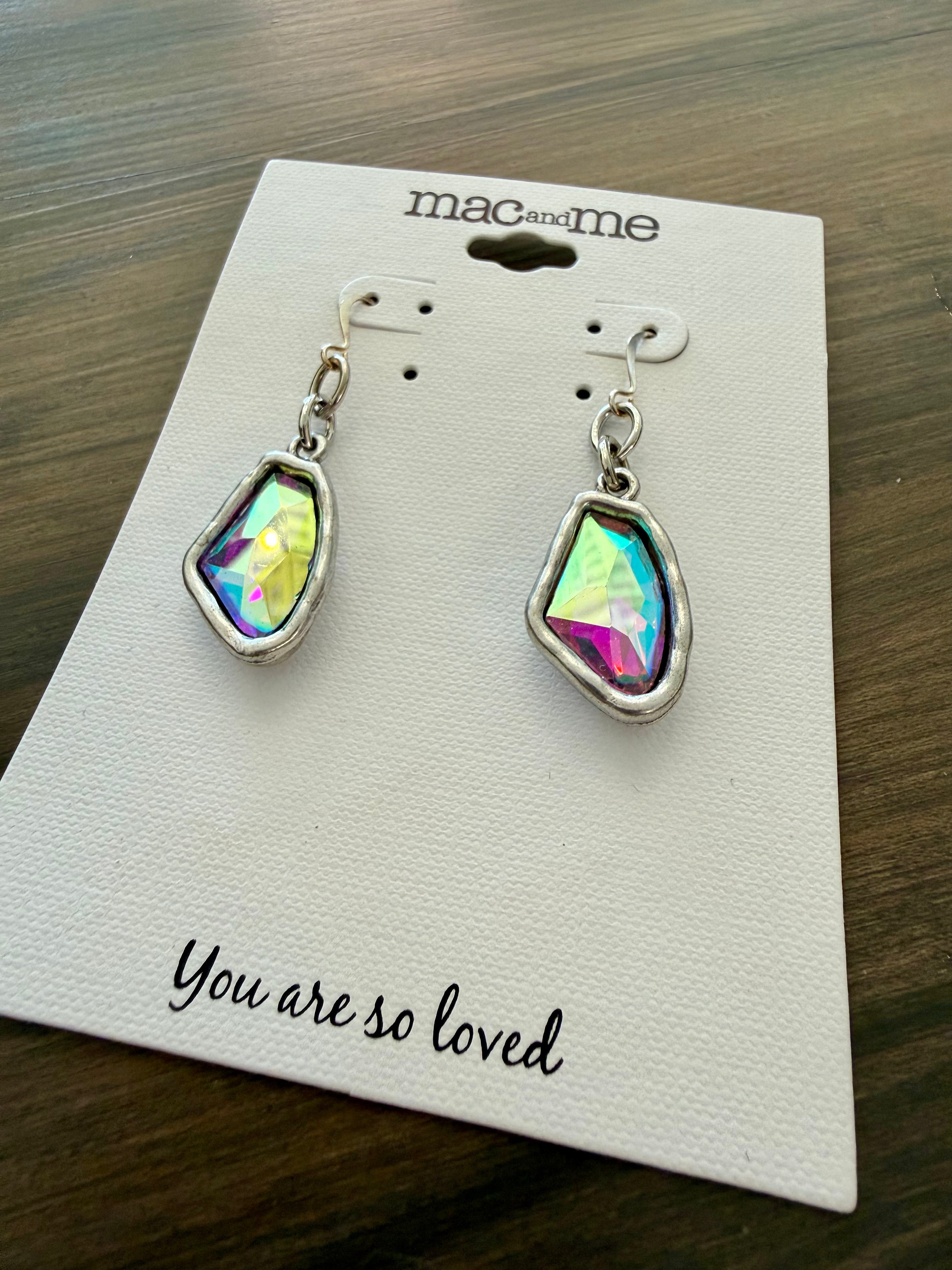 Multicolored teardrop earrings on a 'mac and me' branded card with 'You are so loved' text.