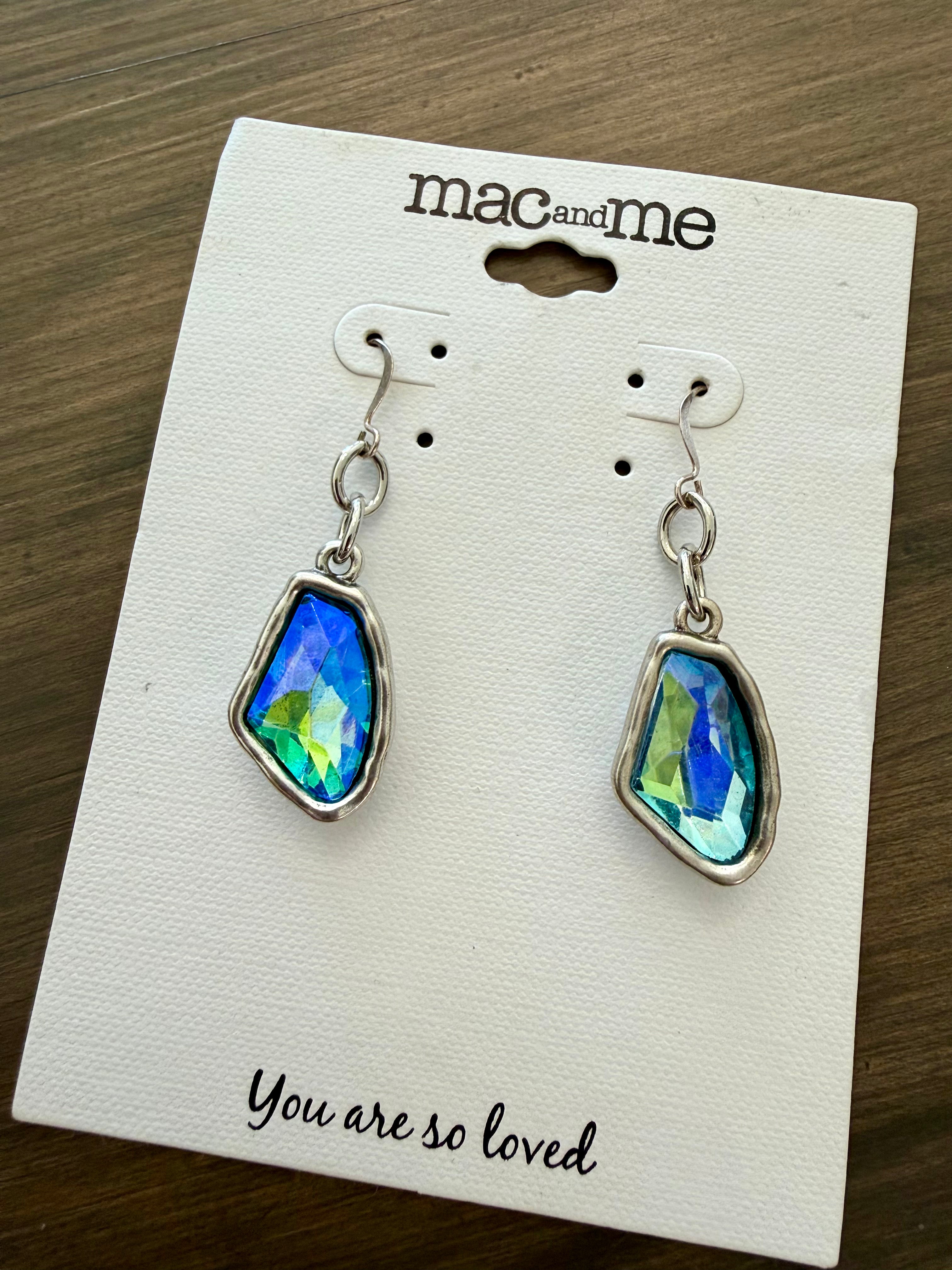 Multicolored teardrop earrings on a 'mac and me' branded card with 'You are so loved' text.