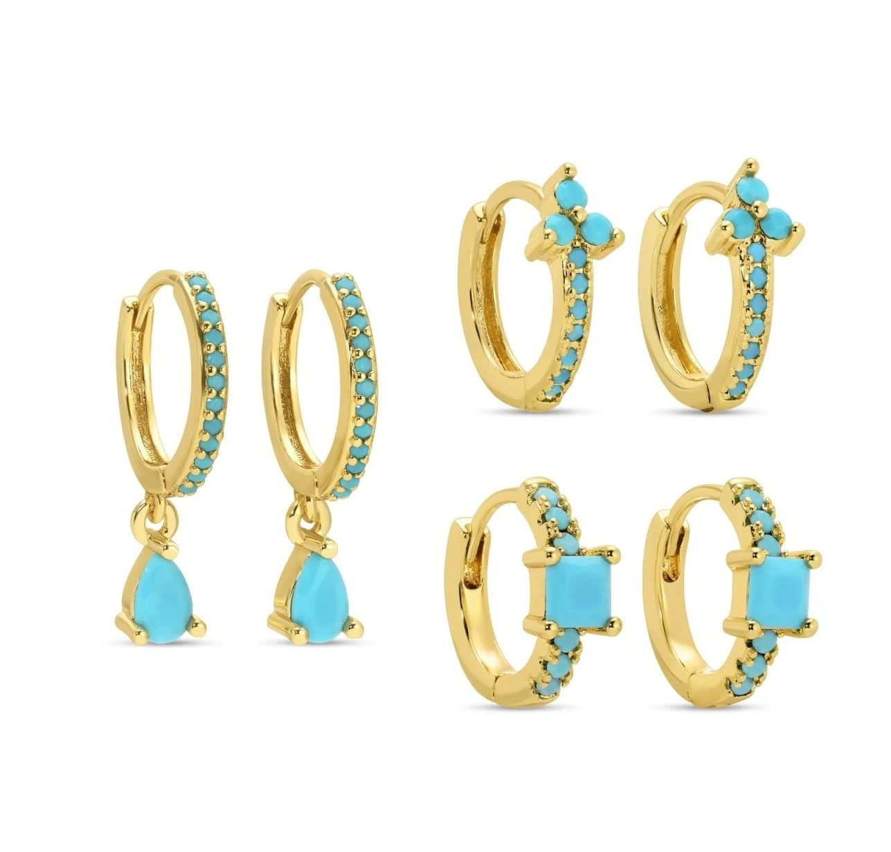 Set of gold hoop earrings with turquoise stones on a white background