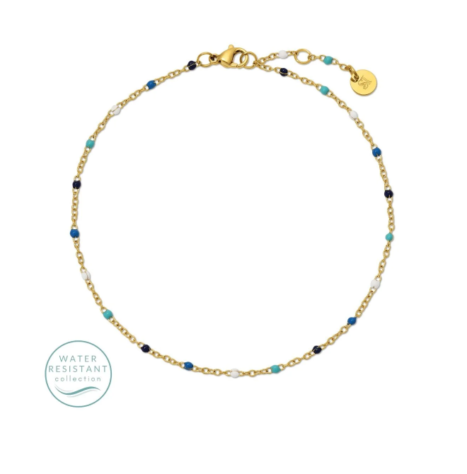 Gold bracelet with blue and black beads on a white background