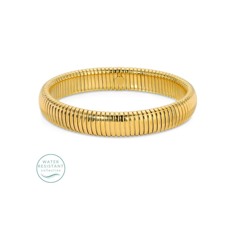 Gold bracelet on a white background with 'Water Resistant' label.