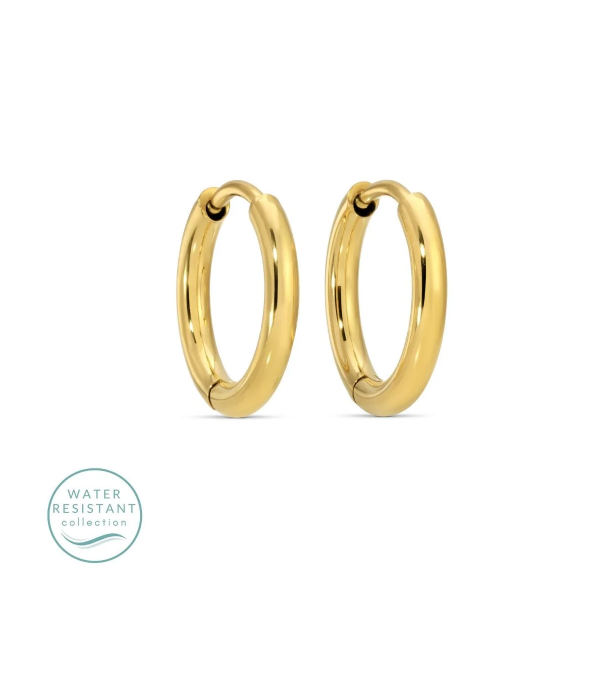 Gold hoop earrings on a white background with 'Water Resistant' collection label.